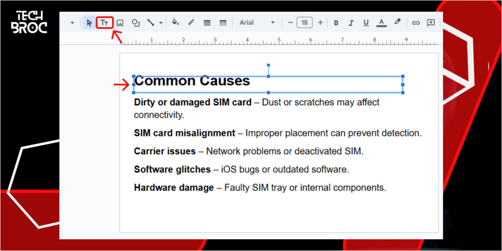 Insert in select text box to Wrap Text in Google Slides